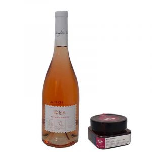 BORSINA IN JUTA CON BOTTIGLIA DI VINO E VASETTO DI FICHI