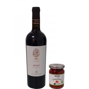 BORSINA IN JUTA CON BOTTIGLIA DI VINO E VASETTO DI POMODORINI