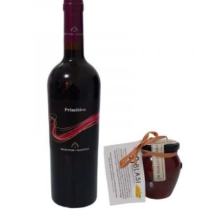 BORSINA IN JUTA CON BOTTIGLIA DI VINO E VASETTO DI CONFETTURA DI UVA