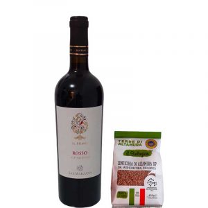 BORSINA IN JUTA CON BOTTIGLIA DI VINO E CONFEZIONE LENTICCHIE